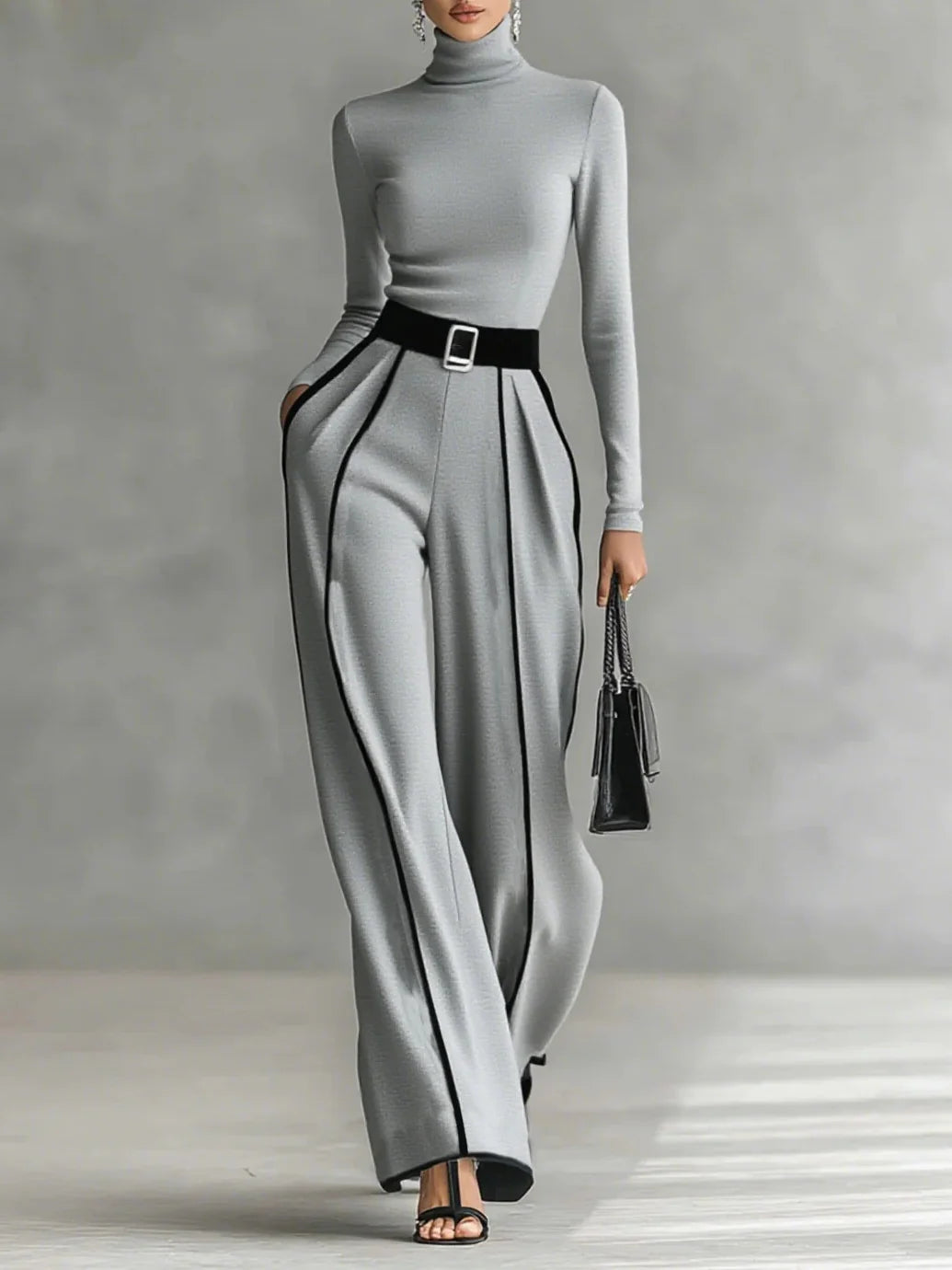 Completo 2 pezzi elegante con pantalone palazzo, cinta e top a collo alto!