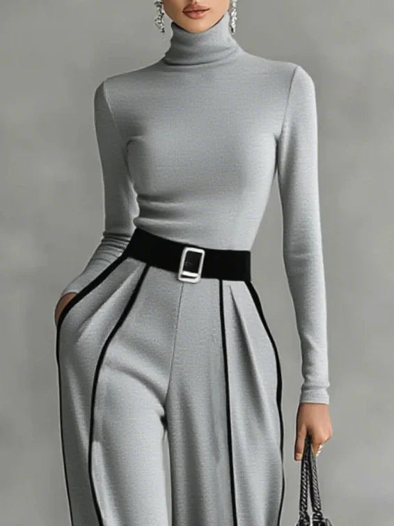 Completo 2 pezzi elegante con pantalone palazzo, cinta e top a collo alto!