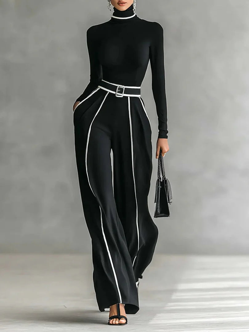 Completo 2 pezzi elegante con pantalone palazzo, cinta e top a collo alto!