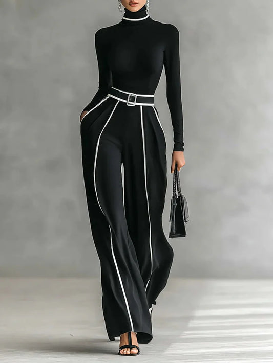 Completo 2 pezzi elegante con pantalone palazzo, cinta e top a collo alto!