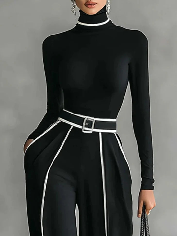 Completo 2 pezzi elegante con pantalone palazzo, cinta e top a collo alto!